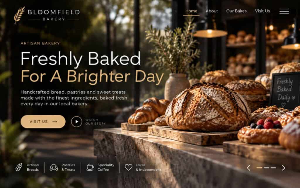 Showcase of a bakery website design with a focus on fresh baked goods.