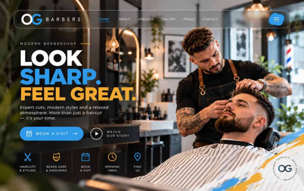 Modern barber shop interior with a barber cutting a client's hair.