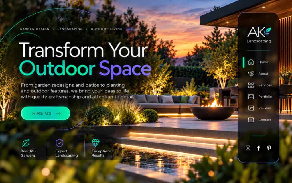 Outdoor space transformation with landscaping and lighting for web design showcase.