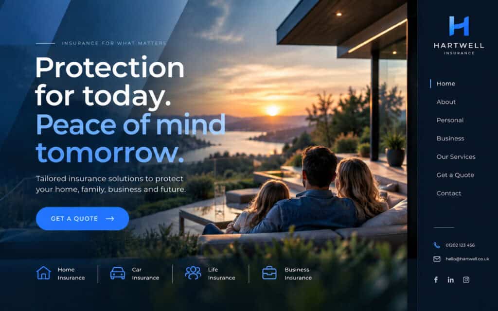 Modern website homepage for Hartwell Insurance with scenic sunset background.