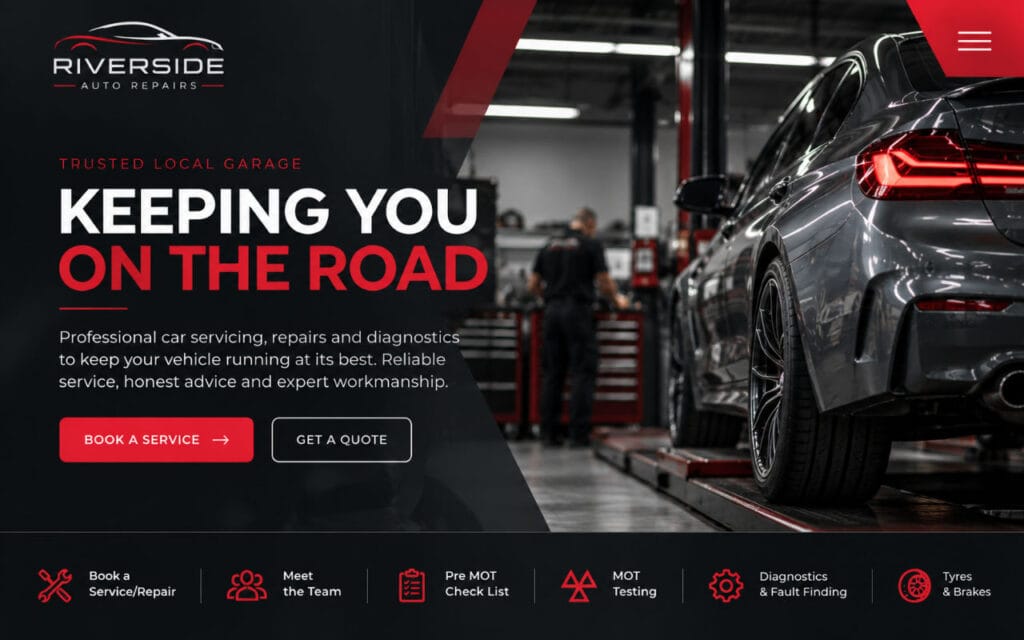 Modern car repair shop with vehicle on lift and technicians working.